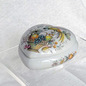 RARE Vintage Porcelain Heart Shaped Trinket Box Limoges France bird basket fruit
